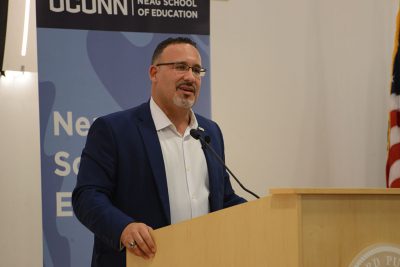 Miguel Cardona speaks at Neag School Educational Leadership Forum in 2017.