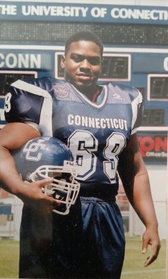 Clewiston Challenger in his UConn football uniform (Photo courtesy of Clewiston Challenger)