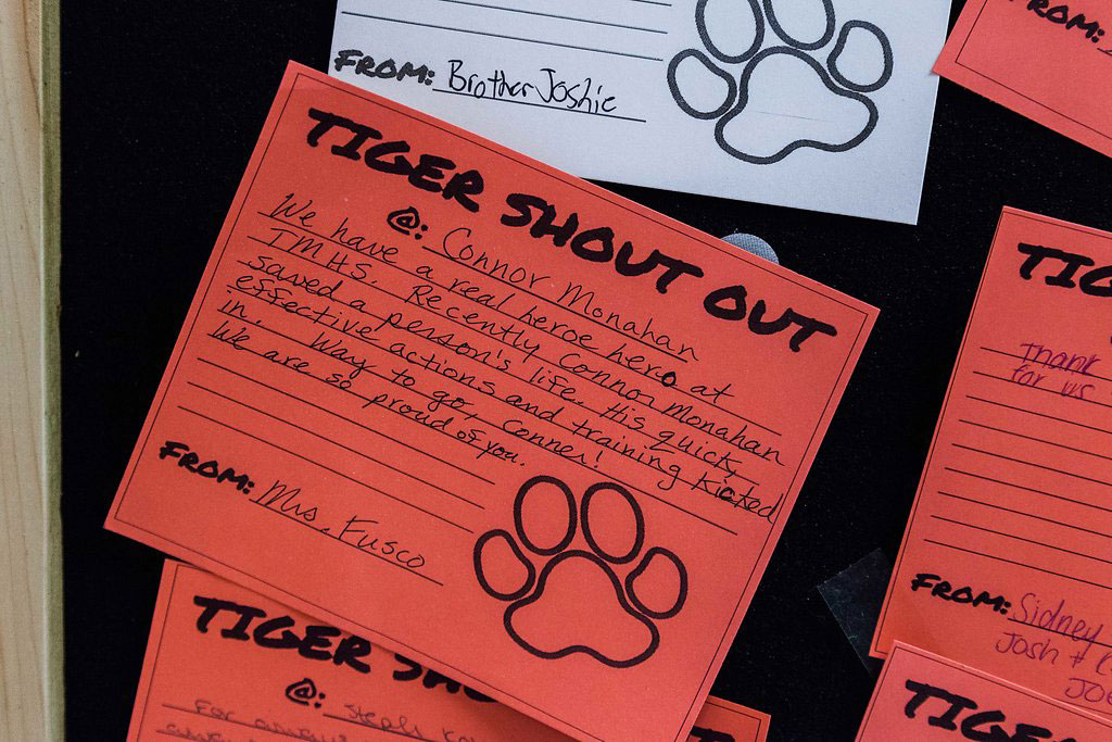 10:50 a.m. — Monahan’s “Tiger Shout Out” that appears on a school-wide display board. (Photo credit: Cat Boyce/Neag School)