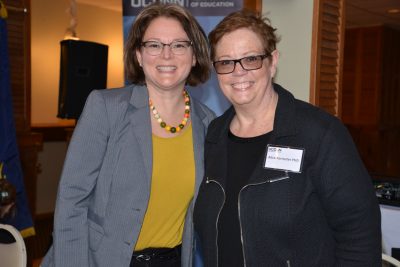 Sandra Chafouleas, left, with Alice Forrester from the Clifford Beers Clinic; both took part in a panel discussion co-hosted by the Neag School and the Glastonbury Exchange Club on "Addressing Childhood Trauma in School Settings last month.(Photo credit: Shawn Kornegay)