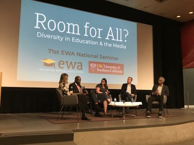 Preston Green, second from left, joins fellow panelists during a discussion at the 2018 Education Writers Association National Seminar. (Photo Credit: Stefanie Dion Jones/Neag School)