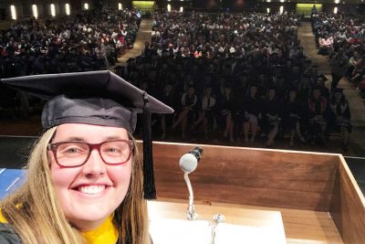 Following her remarks to the Class of 2018, sport management alum Nellie Schafer ’16 MS captured a selfie with the Class of 2018. (Photo courtesy of Nellie Schafer)