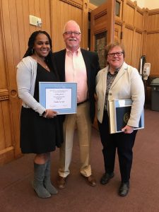 Professor Scott Brown celebrates in Hartford this spring with Tamika La Salle, left, recognized at the Capitol Building with an AAUP Award for Teaching Innovation, and Jaci VanHeest, who received an AAUP Award for University Service. (Photo courtesy of Tamika La Salle)