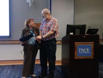 Florence Denmark, a legendary psychologist and former president of the American Psychological Association, presented Professor James Kaufman with the Florence L. Denmark Award this past May in New York, N.Y. (Photo courtesy of James Kaufman)