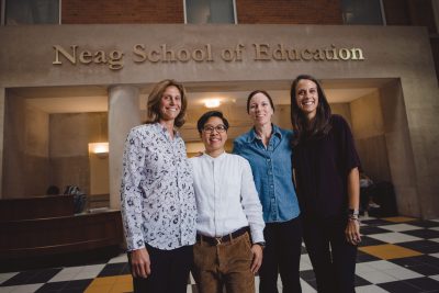 Jane Nguyen, second from left, is one of the 2018 Global Sports Mentoring Program Emerging Leaders. She is being hosted at the Neag School this month by mentors Laura Burton, Jennifer McGarry, and Danielle DeRosa. (Photo credit: U.S. Dept. of State in cooperation with University of Tennessee Center for Sport, Peace, & Society. Photographer: Jaron Johns)