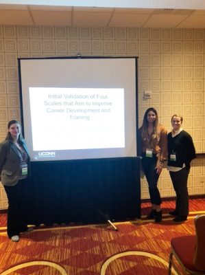 Educational psychology doctoral students put together a symposium at Northeastern Educational Research Association using their instrument development projects. From left, Briana Hennessy ’12 (CLAS), ’13 MA; Brittney Hernandez; and Elizabeth McKay ’10 6th Year. Not Pictured: Sarah Wilkinson. 