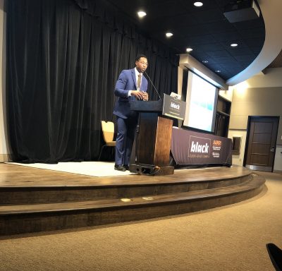 Doctoral student Donald McAulay presents “Overtime Academy: Youth Student-Athlete Model” at the 2019 Black Student Athlete Summit in Austin.(Photo courtesy of the Black Student-Athlete Summit) 