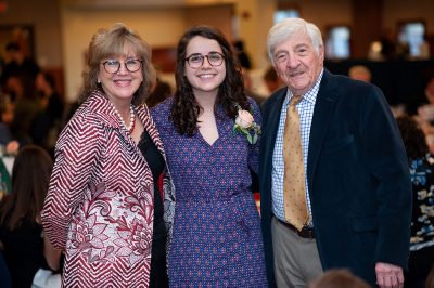 Jessica Stargardter ’16 (ED), ’17 MA, winner of the 2019 Rogers Educational Innovation Award, is joined by Board of Trustees Distinguished Professors Sally Reis and Joseph Renzulli at the celebration this month. (Defining Studios)
