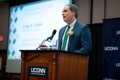 “UConn has been so instrumental in my life and for education,” said Craig A. Cooke, recipient of the 2019 Outstanding School Superintendent Award, at last week’s Annual Alumni Awards Celebration. (Defining Studios)
