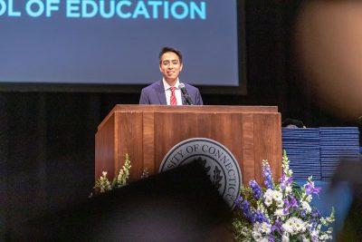 Jesús Cortés-Sanchez ’18 (ED), ’19 MA tells the Class of 2019 his personal story at the Neag School Undergraduate Commencement ceremony.