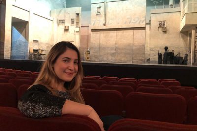 Eckhardt takes a rare break between shows on the Broadway set of "The Band's Visit." Courtesy of Alexandra Eckhardt