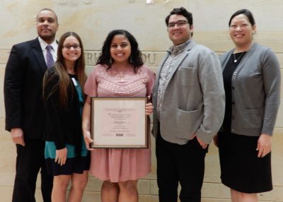 On hand to celebrate with her were previous recipients of the Alma Exley Scholarship, from left, Desi Nesmith ’0 (ED), ’02 MA, ’09 6th Year; Chastity Berrios Hernández, Theodore Martinez and Chi-Ann Lin.