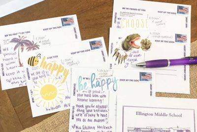 Victoria Schilling sends postcards to homes of her students.