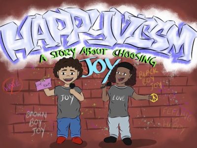 Cartoon graphic of two diverse males. Text reads: Happyvism: A Story About Choosing Joy.