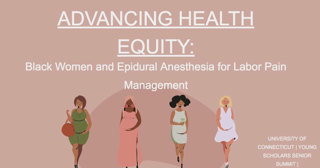 Young Scholars Senior Summit slide. Text reads: Advancing Health Equity: Black Women and Epidural Anesthesia for Labor Pain Management.