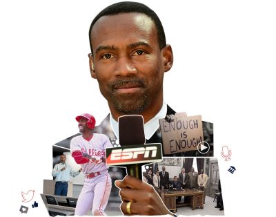 Collage showing Doug Glanville as a faculty member, baseball player, sports anchor, and activist.