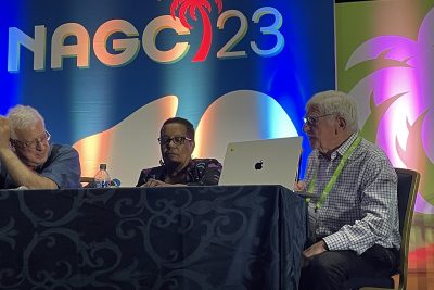 Three professionals at a panel during a conference.