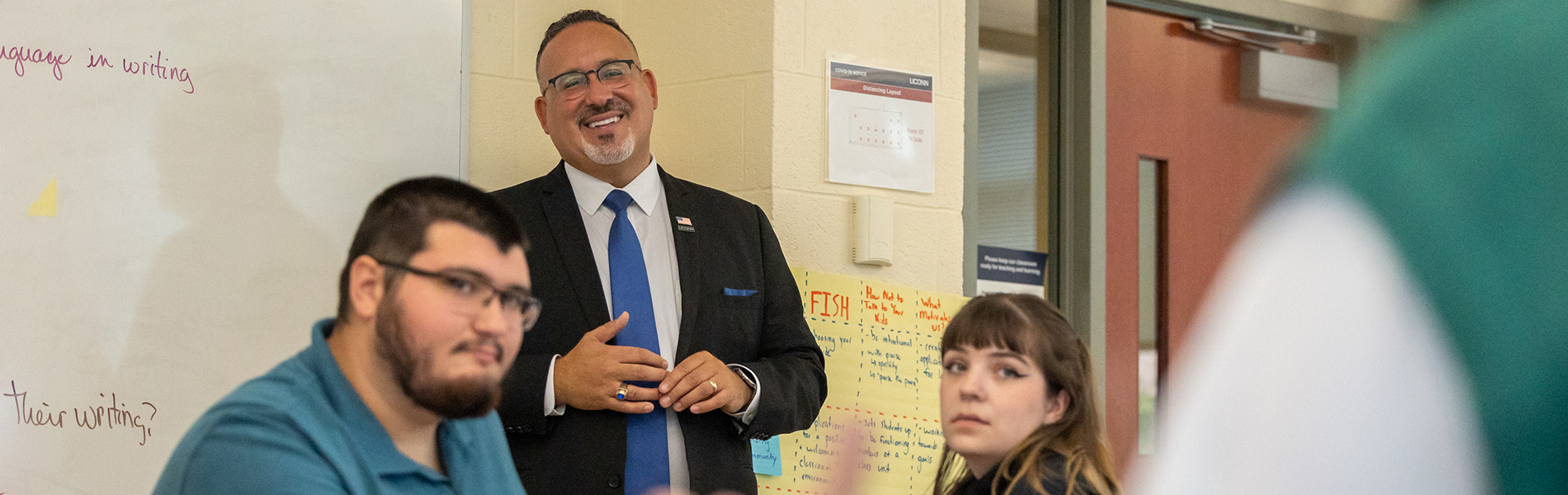 U.S. Secretary of Education Miguel Cardona visits a Neag School classroom.