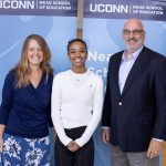 Elizabeth, left, and James Degnan, right, gather with their student scholarship recipient Ashanty Gomez during the Neag School’s annual Scholarship Celebration.