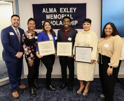 Alma Exley Scholars, from left, Orlando Valentin Jr., Sacha Kelly, Verónica Alvarenga Ramos, Carter Newman, Dr. Violet Jiménez Sims, and Ivy Horan.