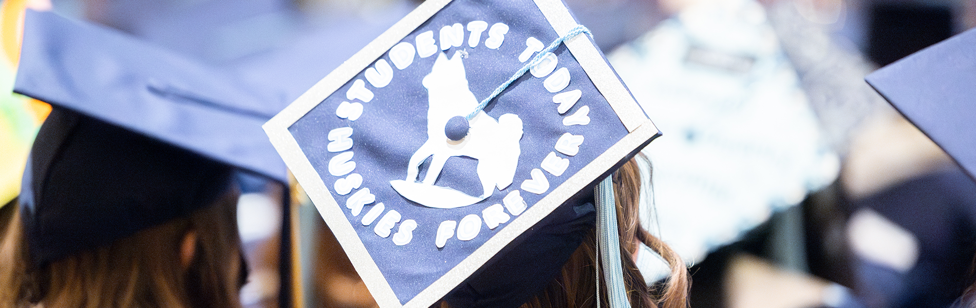 The back of a navy blue graduation cap is decorated with a husky and reads "Students Today, Huskies Forever."
