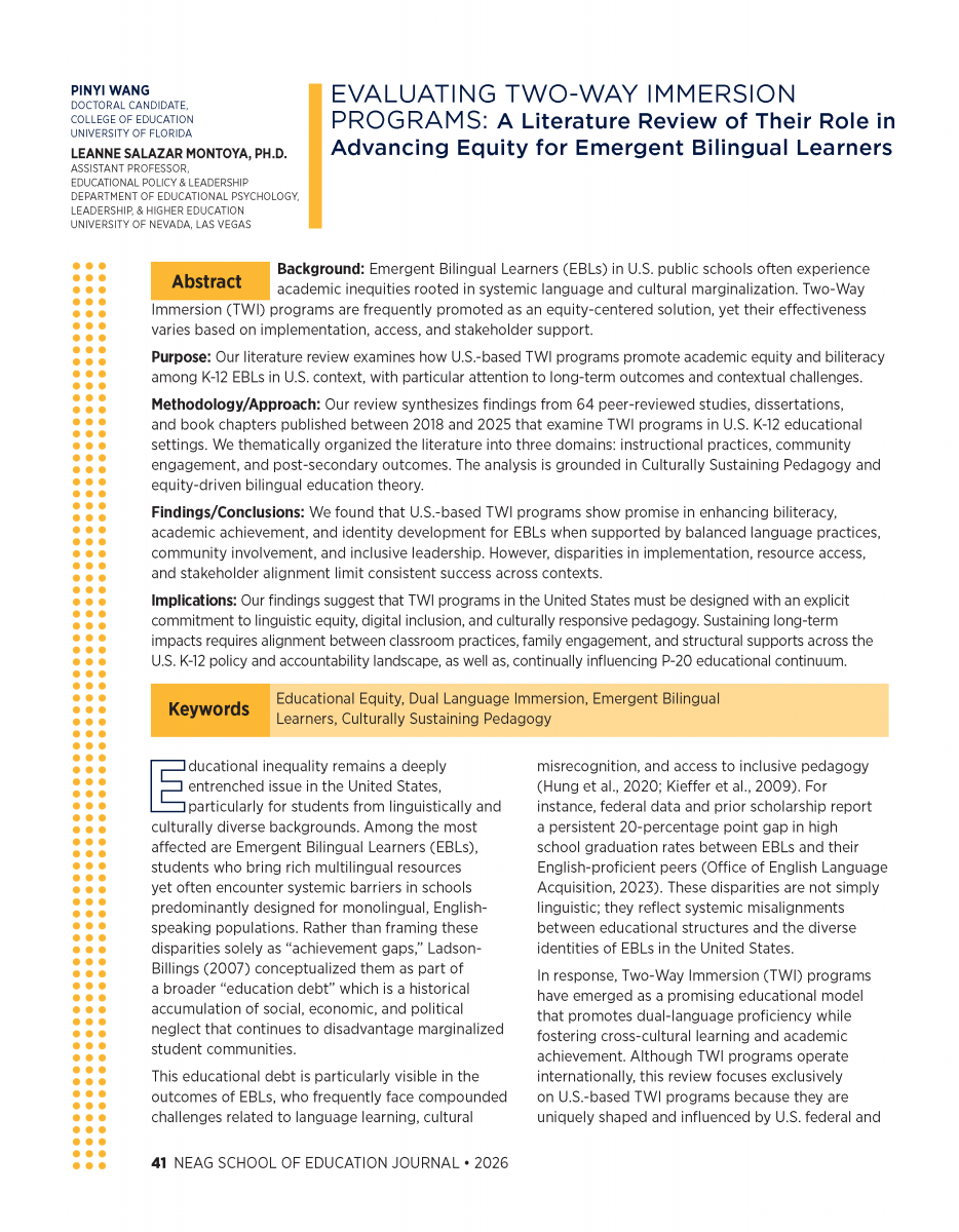 The first page of the "Evaluating Two-Way Immersion Programs..." article.