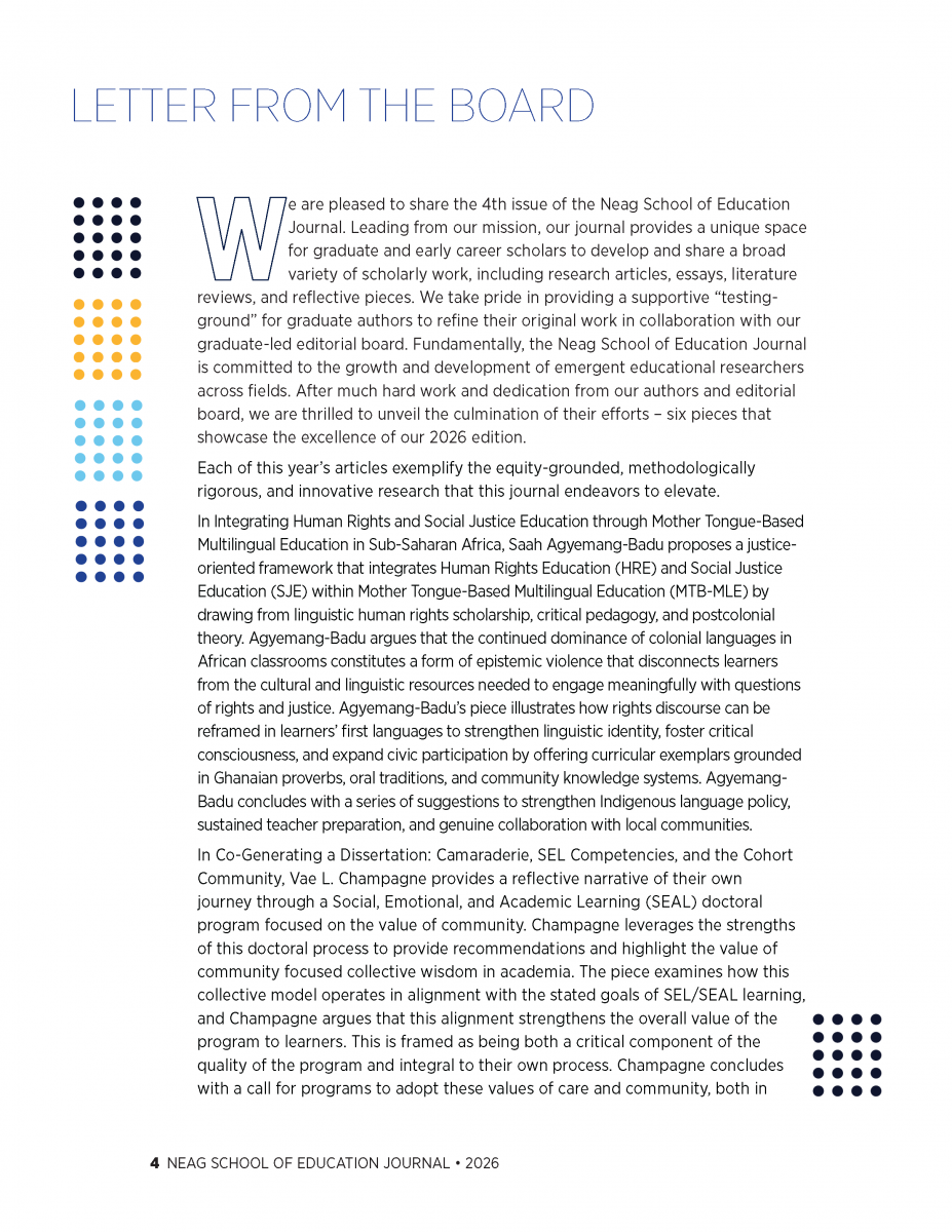 The 2026 Letter from the Board of the UConn Neag School of Education Journal.